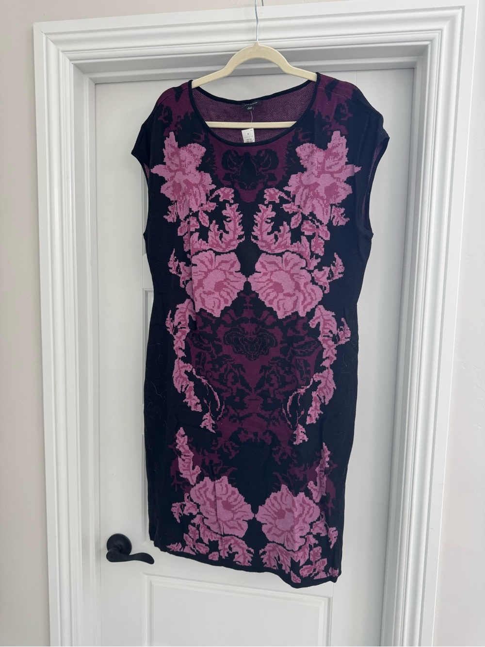Women's Black Sweater Dress with Pink Floral Pattern